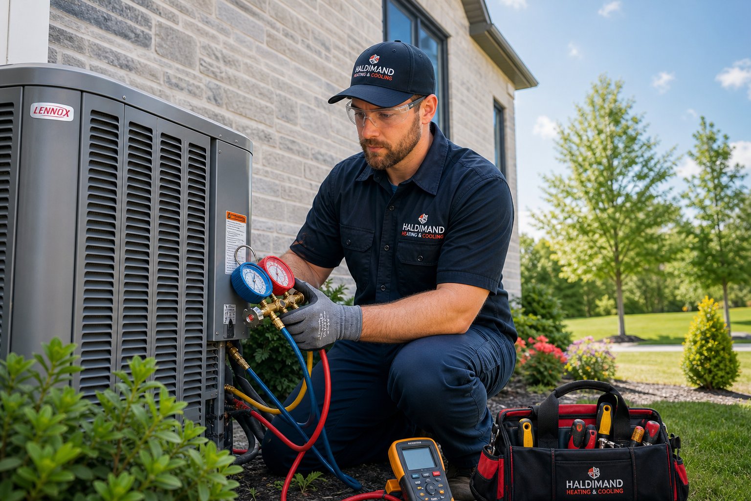 HVAC technician repairing an outdoor air conditioning unit at a home with green landscaping.