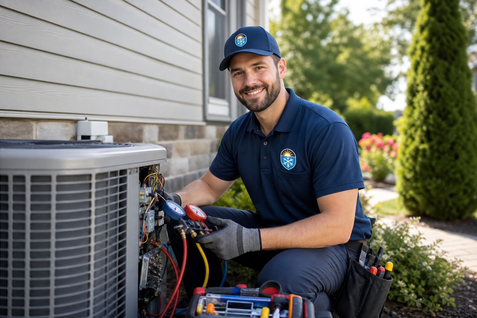An HVAC technician repairing an outdoor air conditioning unit at a residential home.