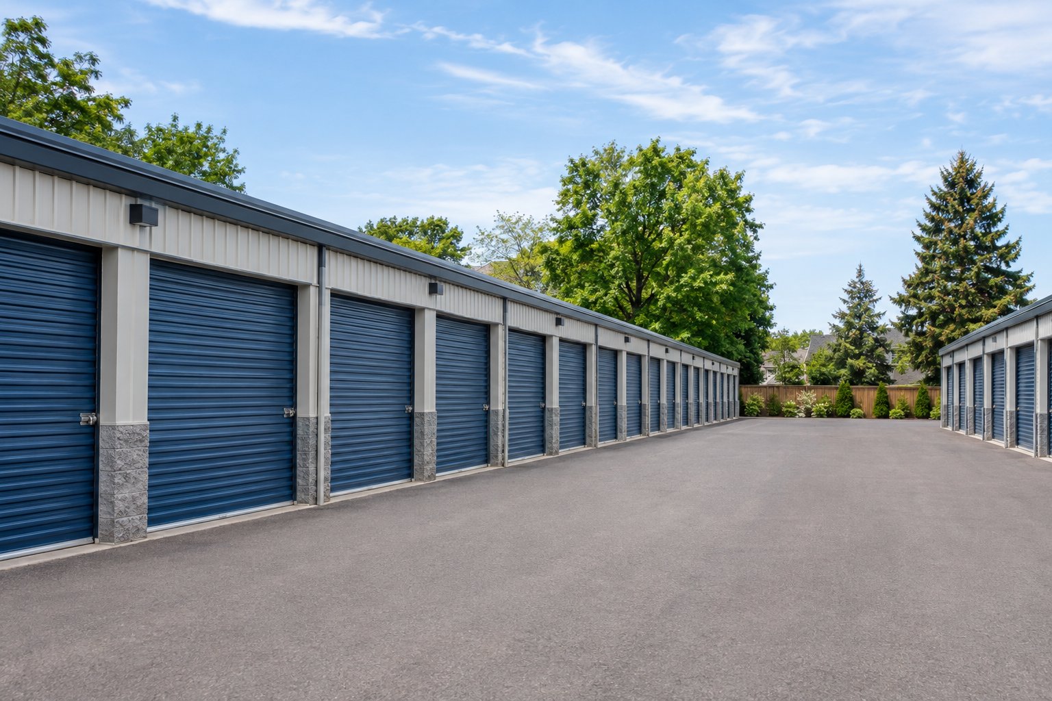 Rows of outdoor self-storage units surrounding a paved drive