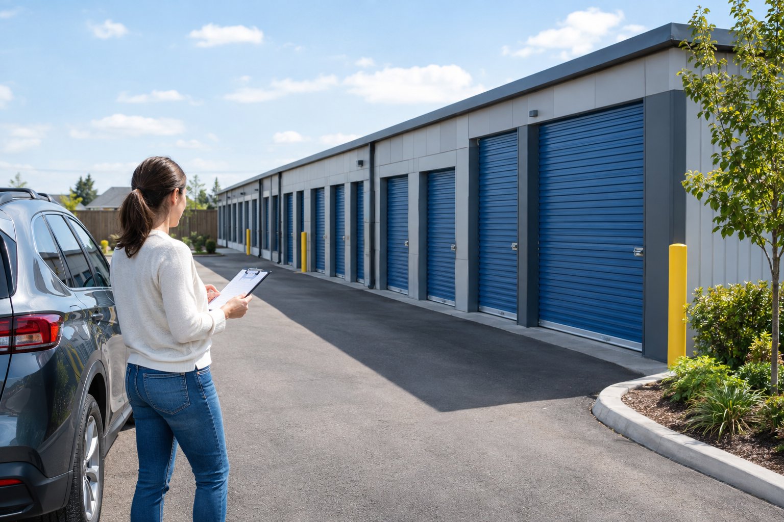 A person with a clipboard looks toward storage unit doors at a facility in Cambridge.