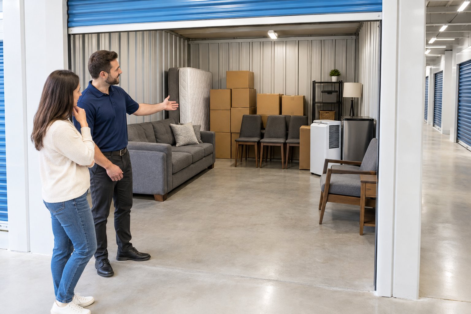 A customer and staff member assess household belongings arranged inside an open storage unit.