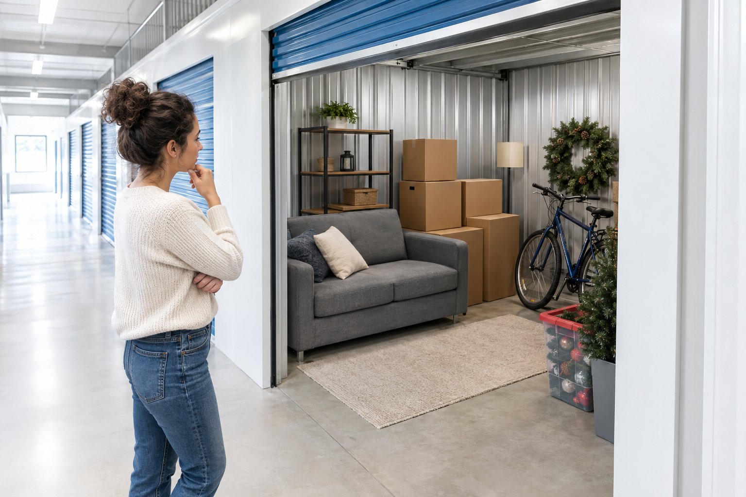 A person considers neatly organized household belongings inside a storage unit.