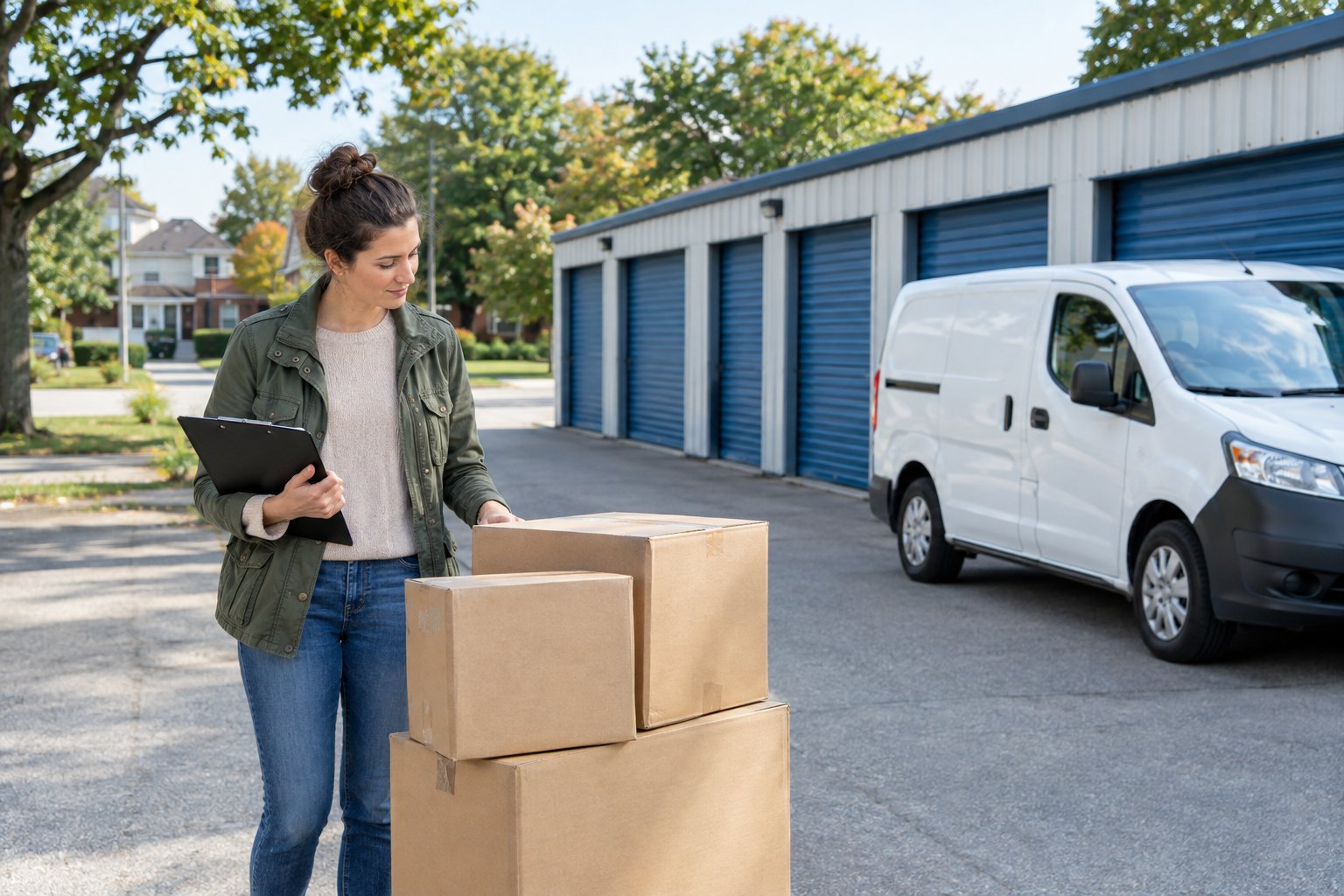 A person with moving boxes outside a storage facility beside a parked van.