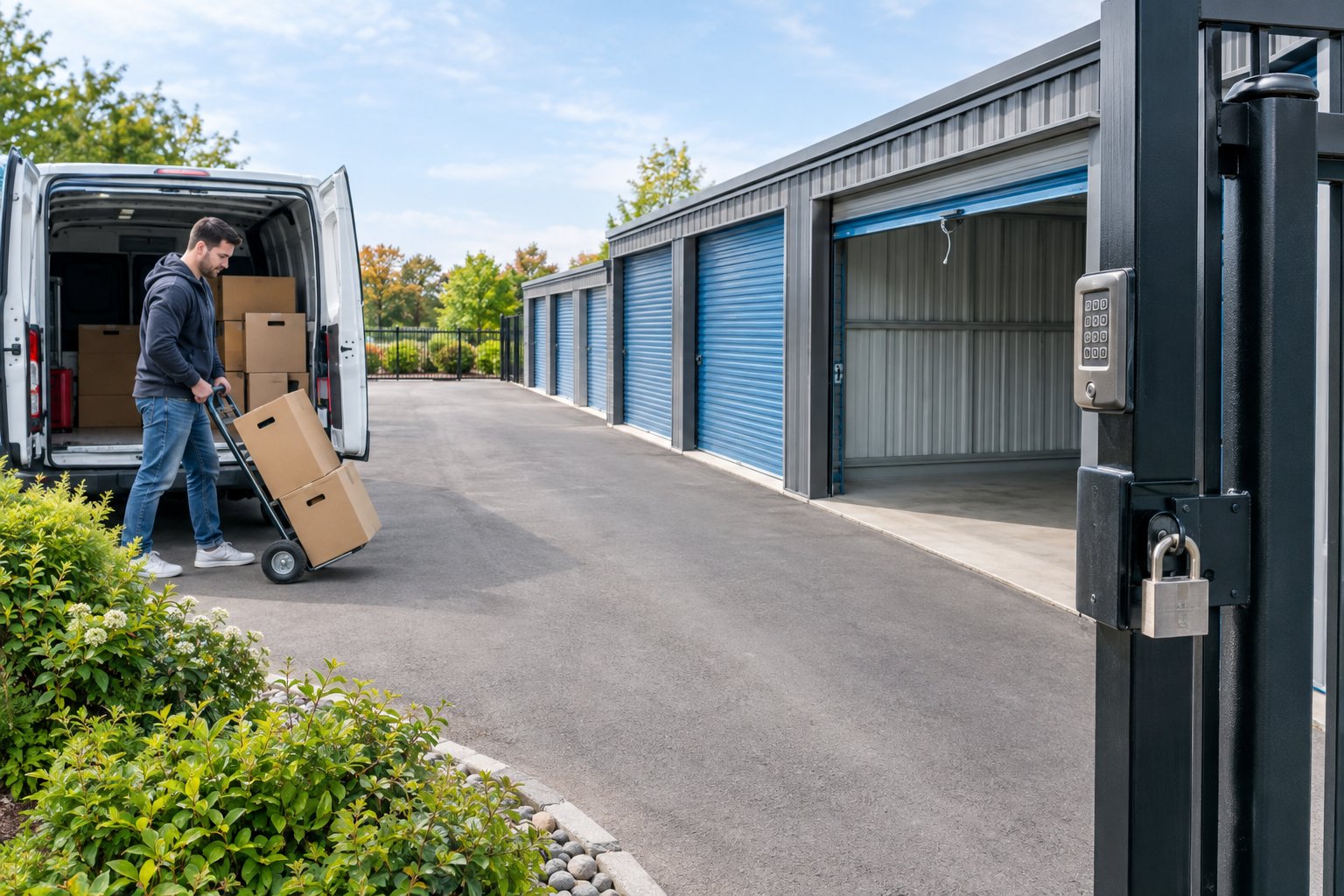 A customer moves boxes from a van into a storage unit using a hand truck.